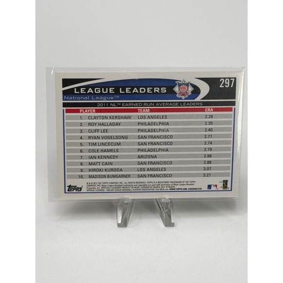 2012 Topps 297 Clayton Kershaw Roy Halladay Cliff Lee 2011 NL ERA Leaders Card - Picture 2 of 2